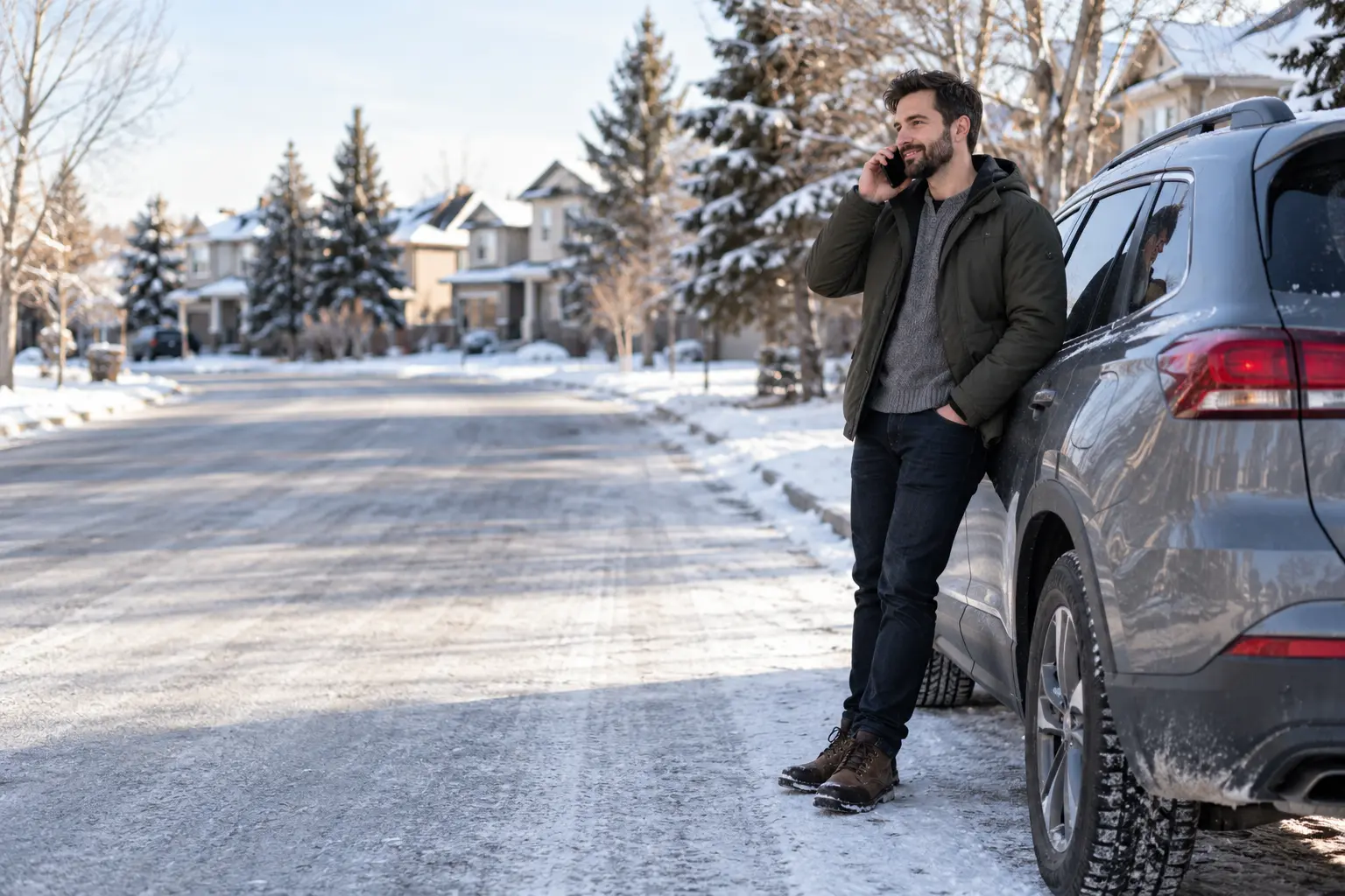 Conceptual Edmonton winter scene with a driver calmly speaking on a phone beside a safely parked vehicle.