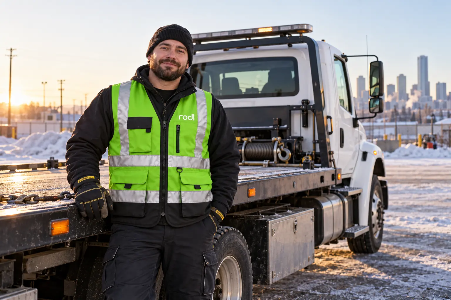 Roadside professional wearing the official Rodl reflective uniform beside an unbranded flatbed truck.