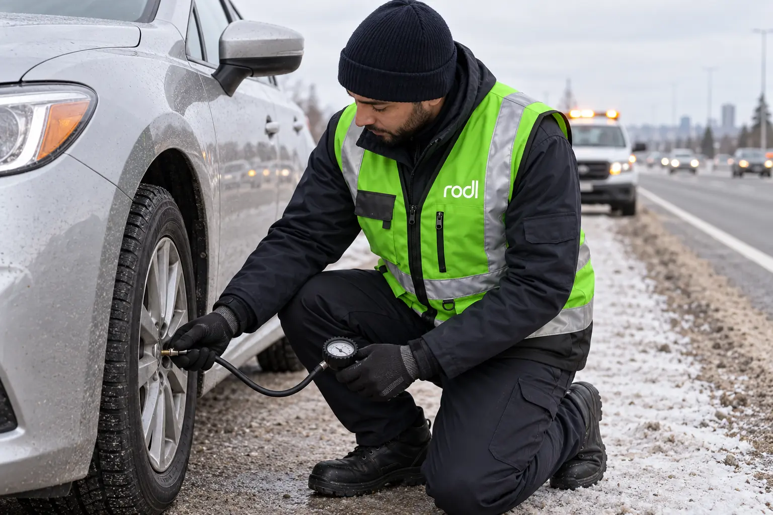 Rodl roadside professional wearing the official reflective uniform while safely inspecting a vehicle tire near Edmonton.