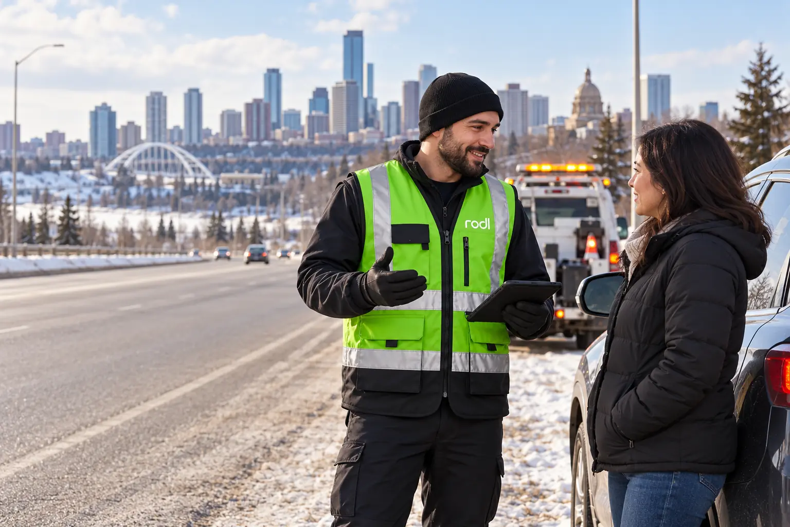 Rodl roadside professional in the official reflective uniform reassuring a driver beside a safely parked vehicle in Edmonton.