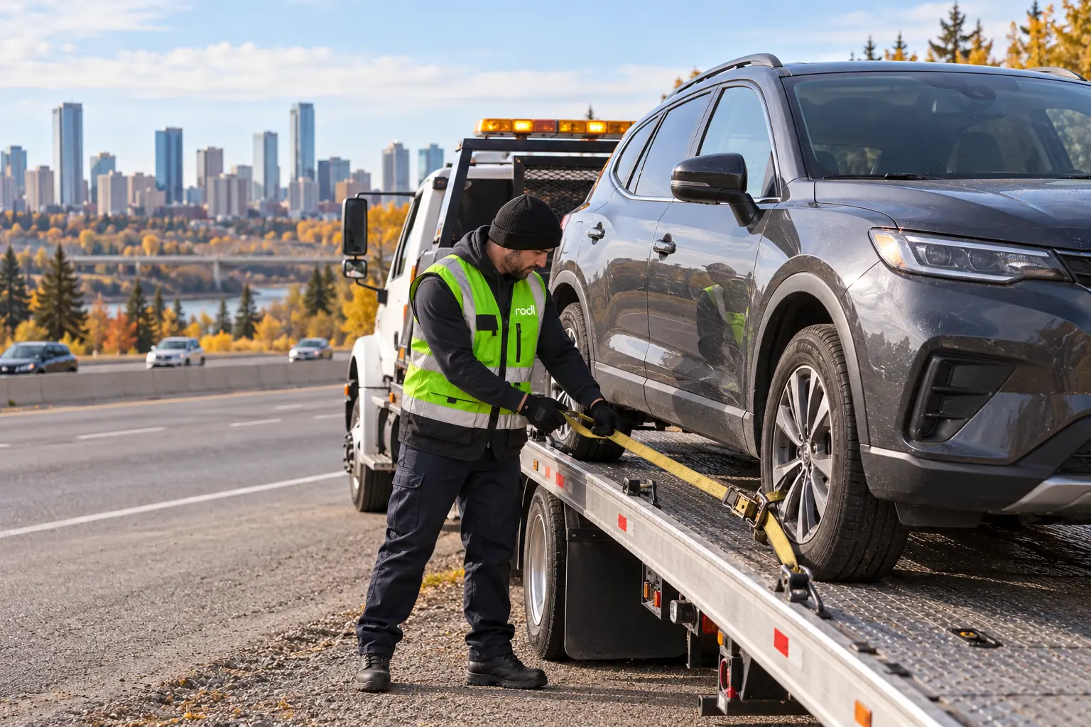 Rodl professional in the official reflective uniform safely securing a crossover on a flatbed near Edmonton.