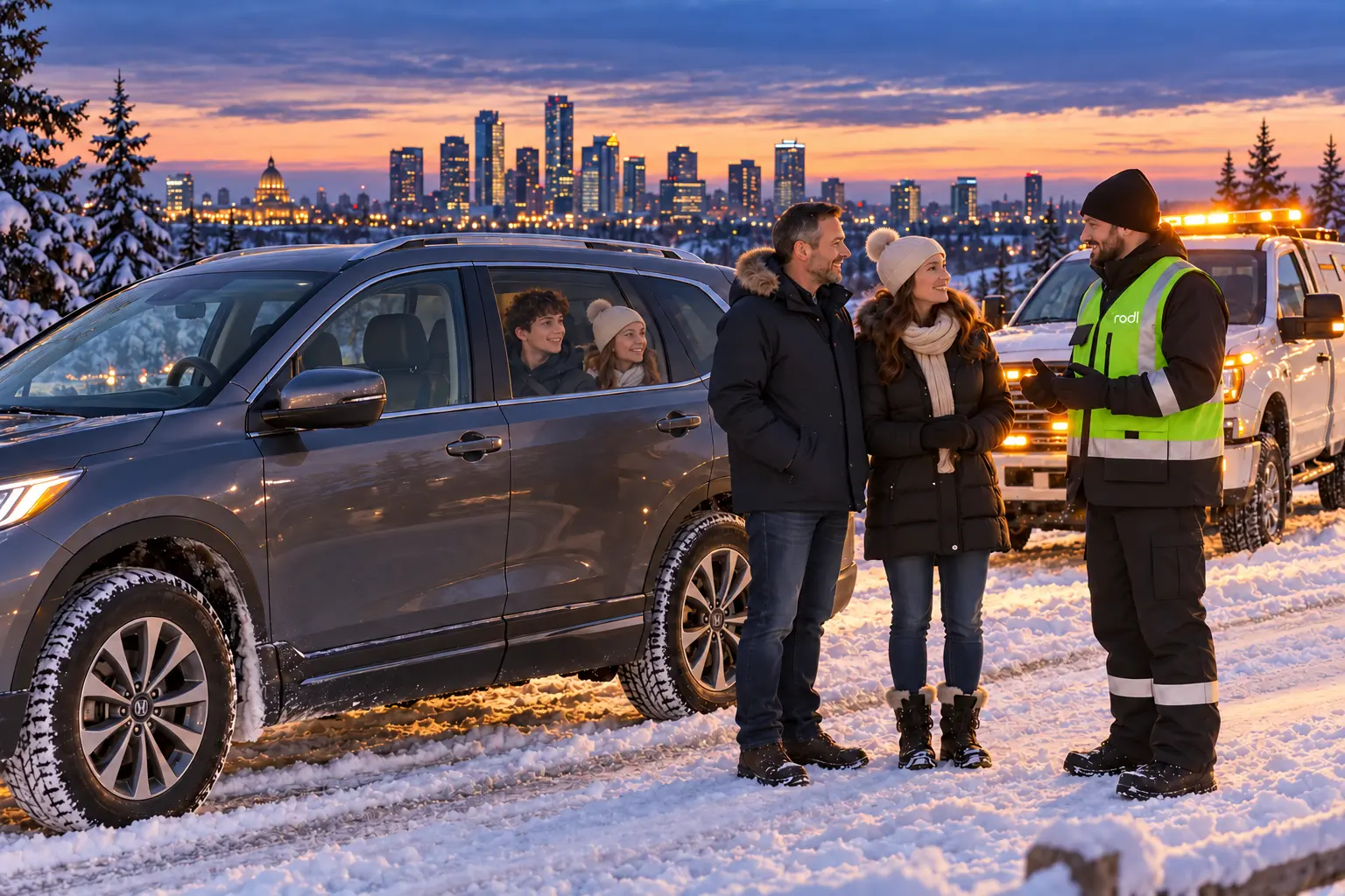 Edmonton winter roadside scene with both parents speaking safely to a Rodl professional beside a closed-door, left-hand-drive SUV while their teenage son and daughter remain in the rear seats.